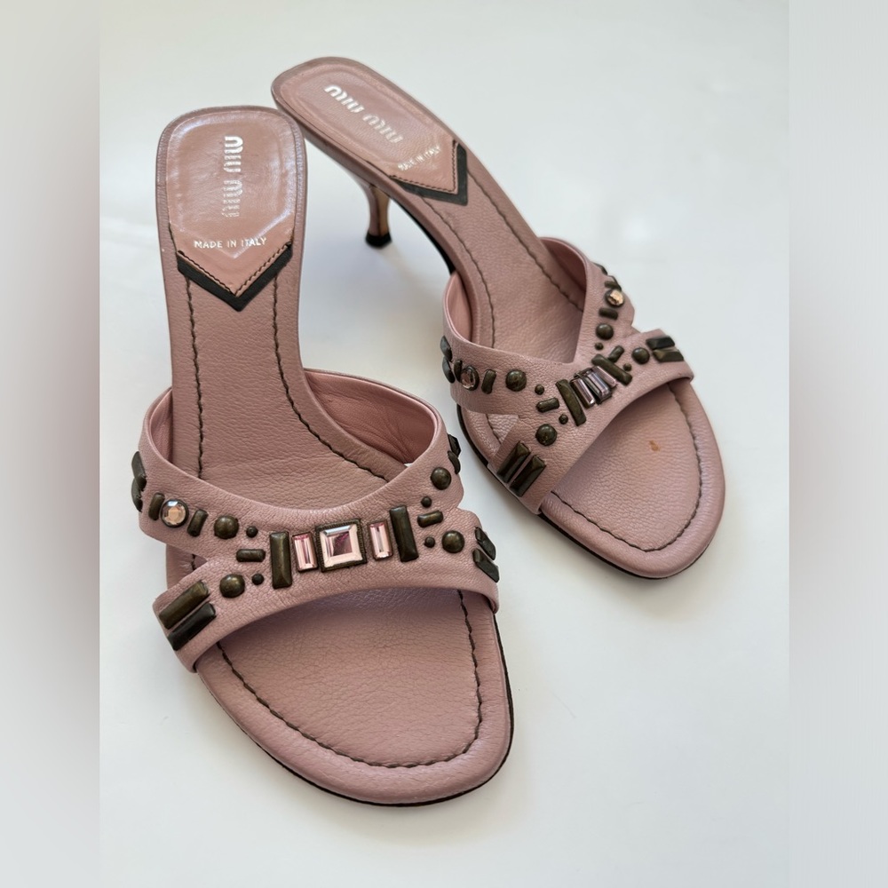 Miu Miu Sandals Sz 8 Pink Leather Mule Dusty Rose Kitten Heel Eu 38